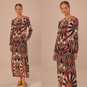 Farm Rio Pink Ainika Flowers Long Sleeve Maxi Dress